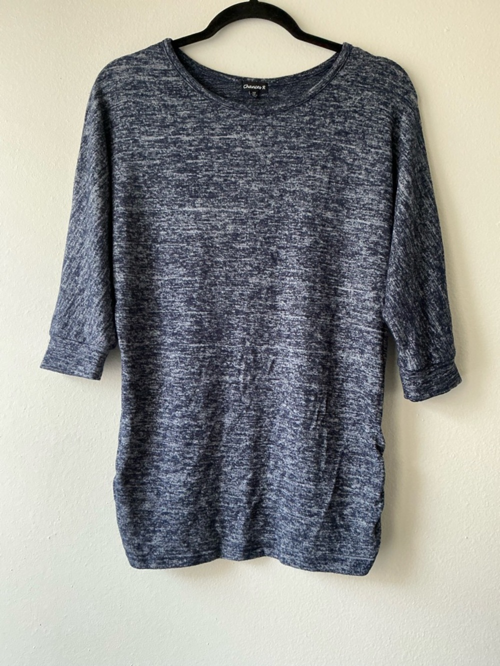 Chances R Blue Space Dye Knit Tunic Top Medium M 3/4 Sleeve Double Side Ruched